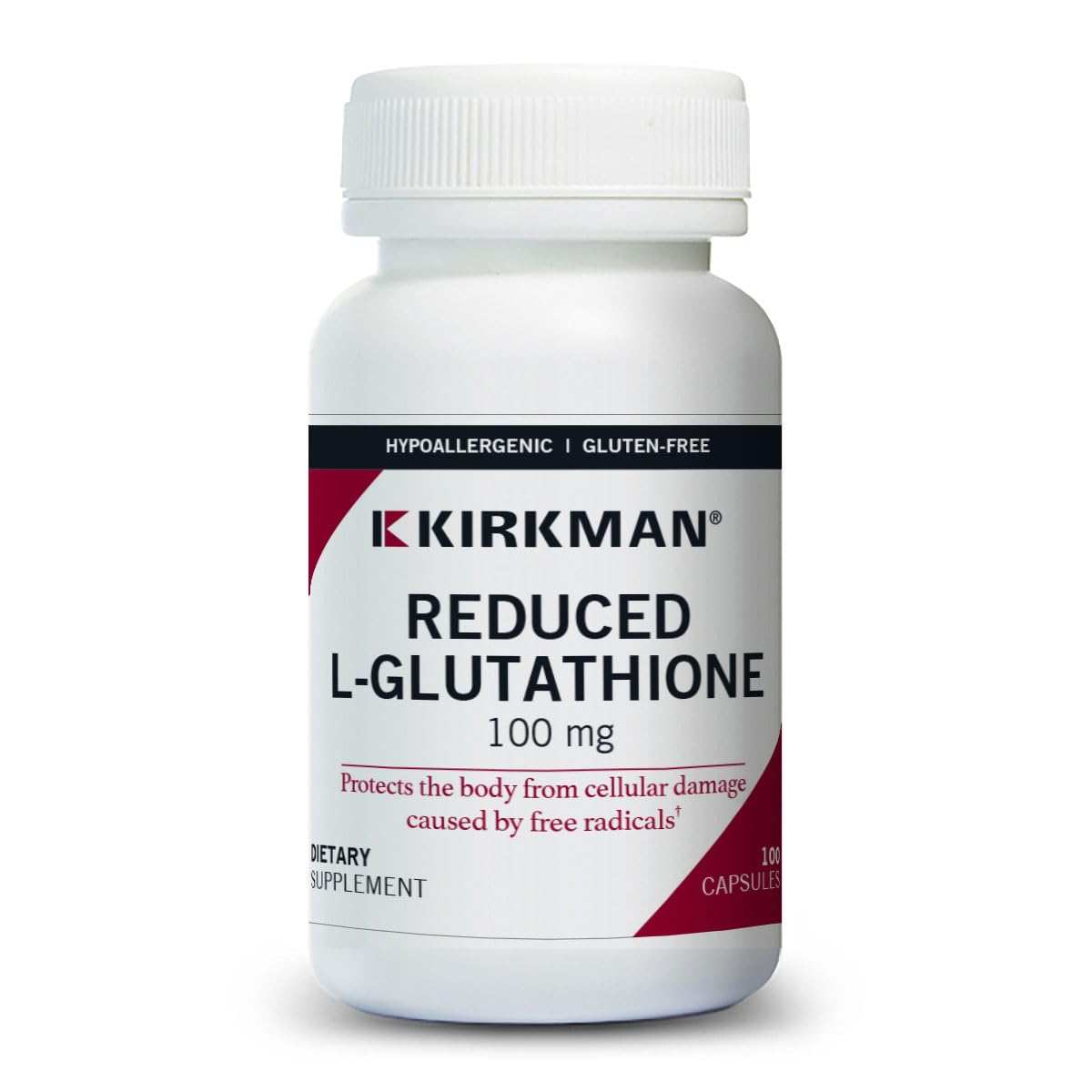 Kirkman reduced L-Glutathione bottle providing hypoallergenic antioxidant support.