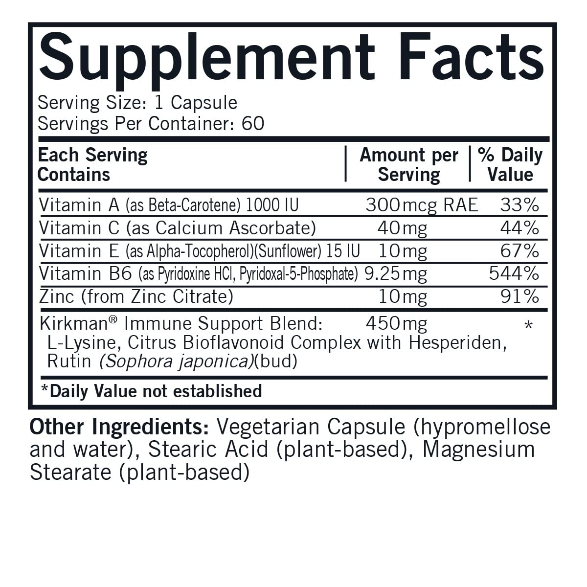 Kirkman Rose Lysine Immune capsules close-up, vegetarian capsule for daily wellness.