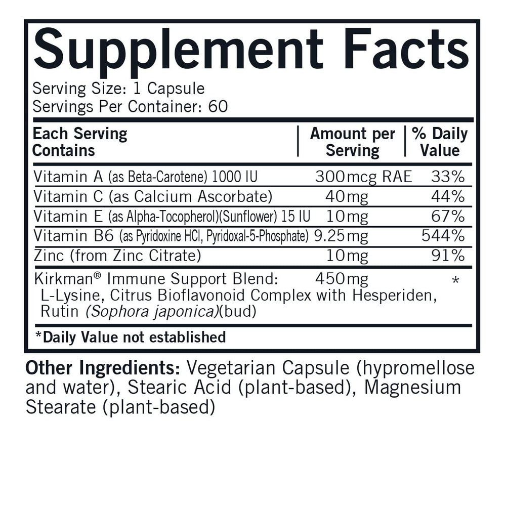 Kirkman Rose Lysine Immune capsules close-up, vegetarian capsule for daily wellness.