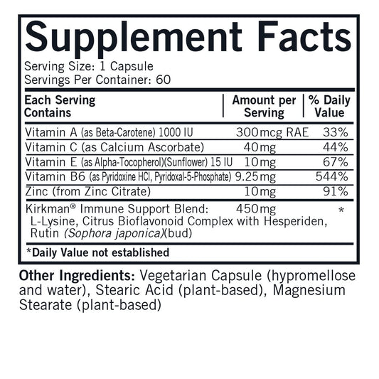 Kirkman Rose Lysine Immune capsules close-up, vegetarian capsule for daily wellness.