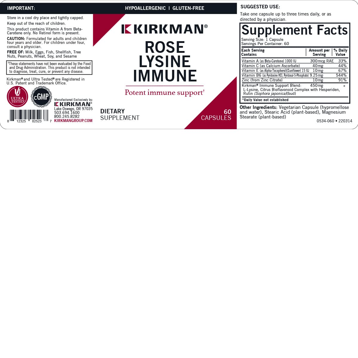 Kirkman Rose Lysine Immune label on bottle highlighting L-Lysine and vitamin blend.