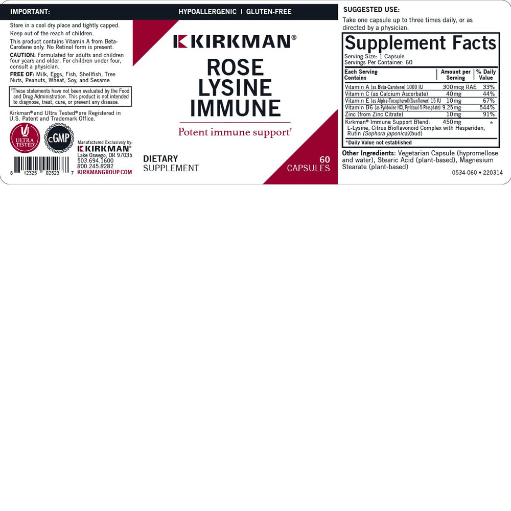 Kirkman Rose Lysine Immune label on bottle highlighting L-Lysine and vitamin blend.