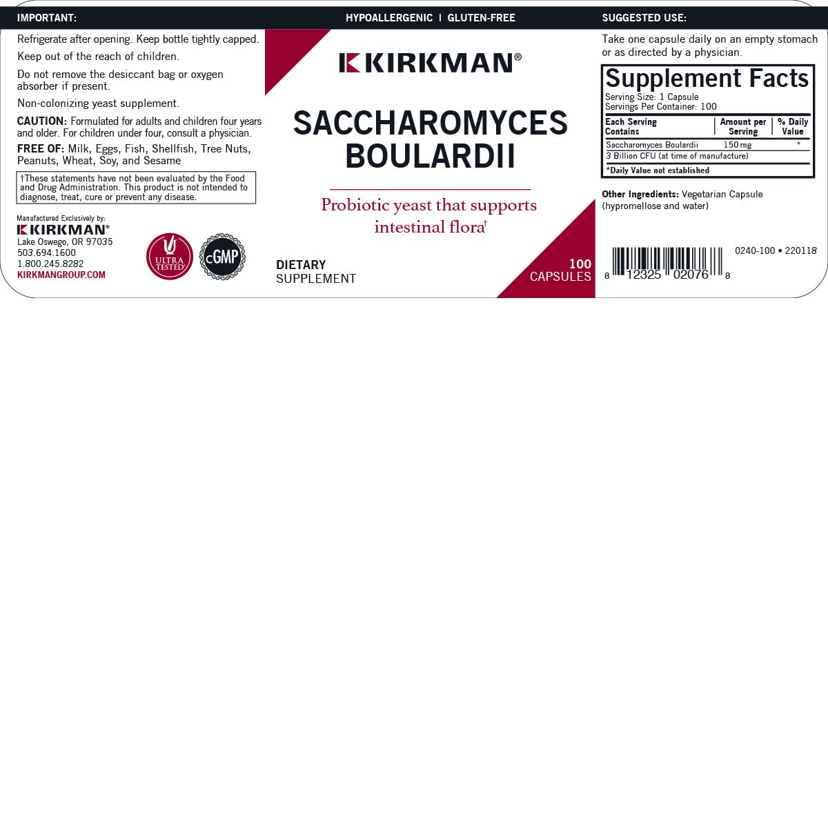 Kirkman Saccharomyces boulardii bottle label graphic indicating immune and GI support