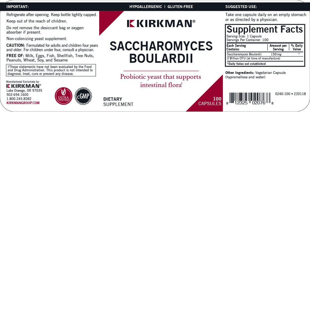 Kirkman Saccharomyces boulardii bottle label graphic indicating immune and GI support