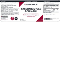 Kirkman Saccharomyces boulardii bottle label graphic indicating immune and GI support