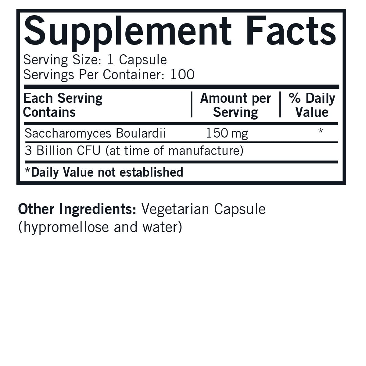 Kirkman Saccharomyces boulardii capsules closeup highlighting gluten-free and vegetarian content