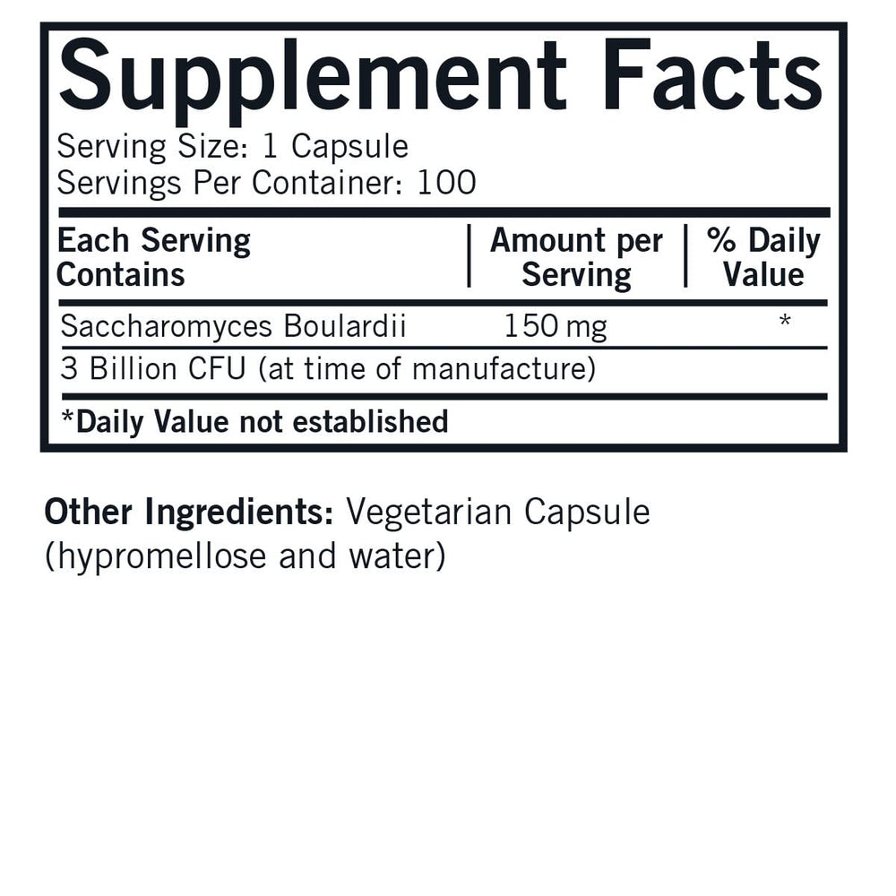 Kirkman Saccharomyces boulardii capsules closeup highlighting gluten-free and vegetarian content