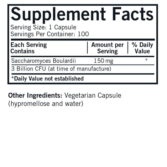 Kirkman Saccharomyces boulardii capsules closeup highlighting gluten-free and vegetarian content