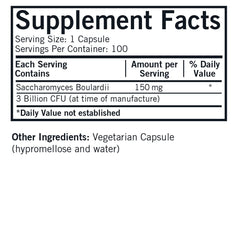Kirkman Saccharomyces boulardii capsules closeup highlighting gluten-free and vegetarian content