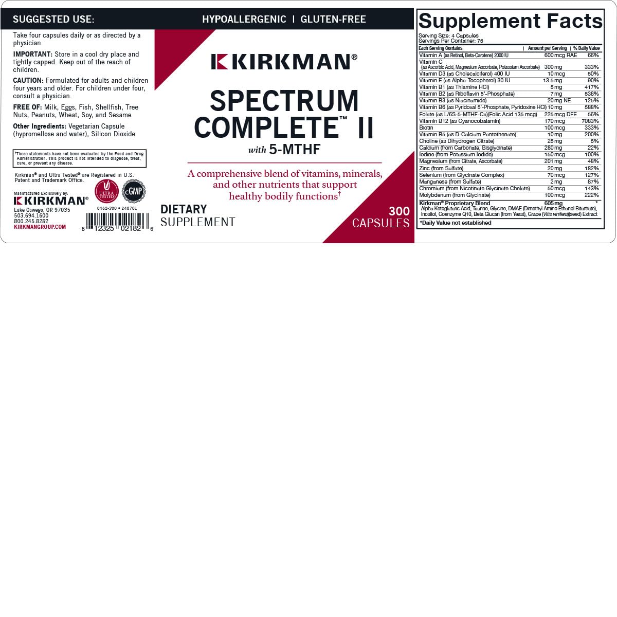 Kirkman Spectrum Complete II bottle label detail signals hypoallergenic, gluten-free ingredients.