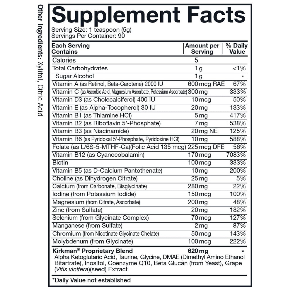 Kirkman Spectrum Complete II Powder bottle with scoop demonstrates easy daily serving.