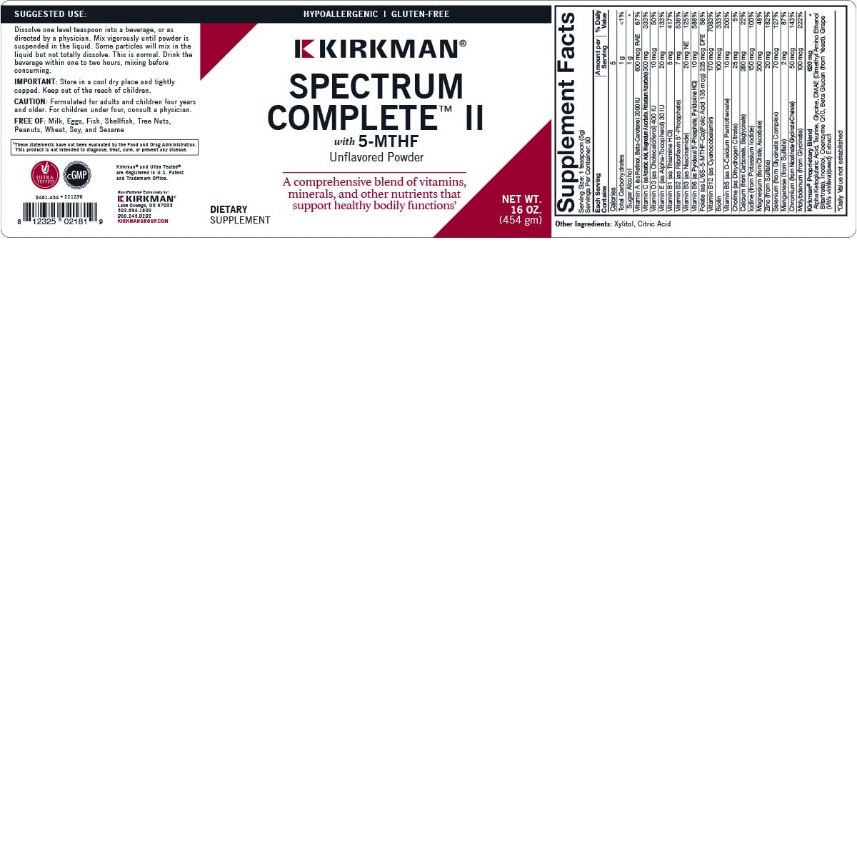 Kirkman Spectrum Complete II Powder label closeup highlights gluten and casein free ingredients.