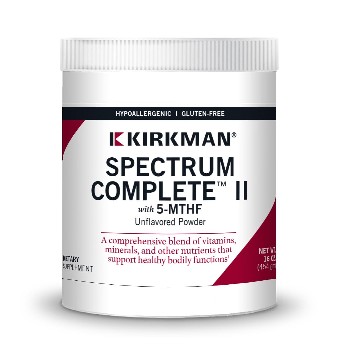 Kirkman Spectrum Complete II Powder tub front shows hypoallergenic formula for daily nutrition.