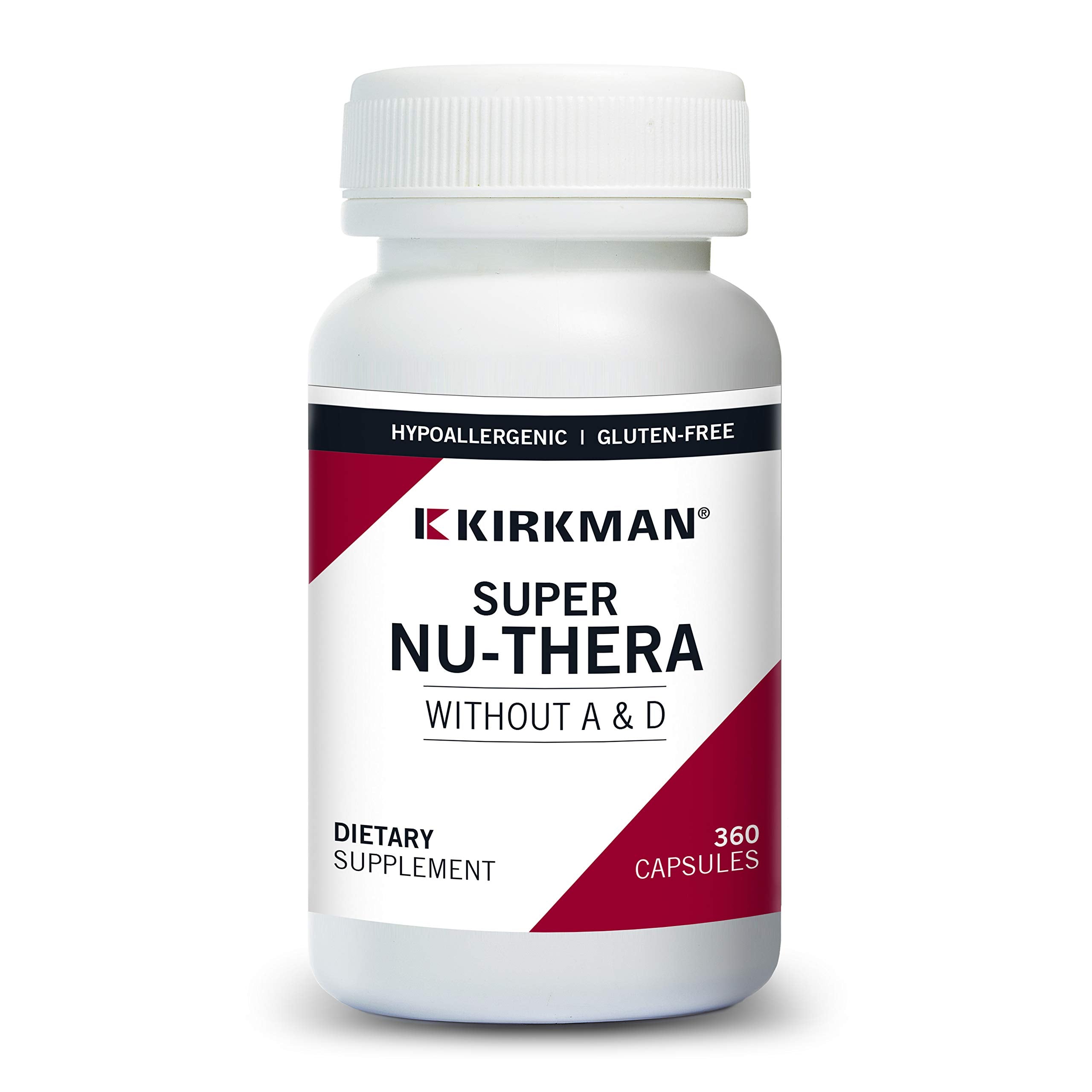 Kirkman Super Nu-Thera bottle displaying caplets for sensitive diets.