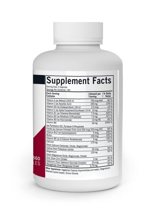 Kirkman Super Nu-Thera bottle side view showing capsules and label for energy metabolism.