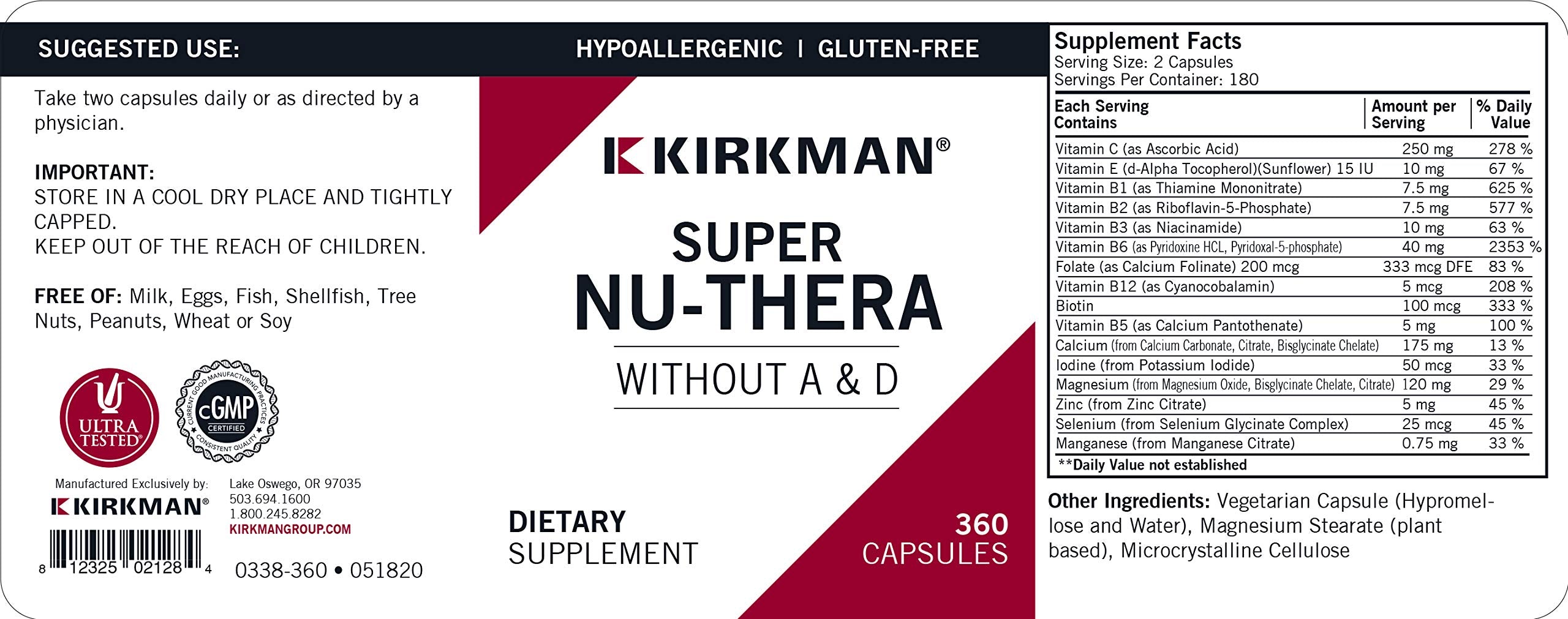 Kirkman Super Nu-Thera caplets close-up emphasizing hypoallergenic multivitamin support.