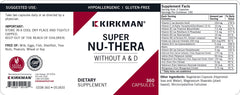 Kirkman Super Nu-Thera caplets close-up emphasizing hypoallergenic multivitamin support.
