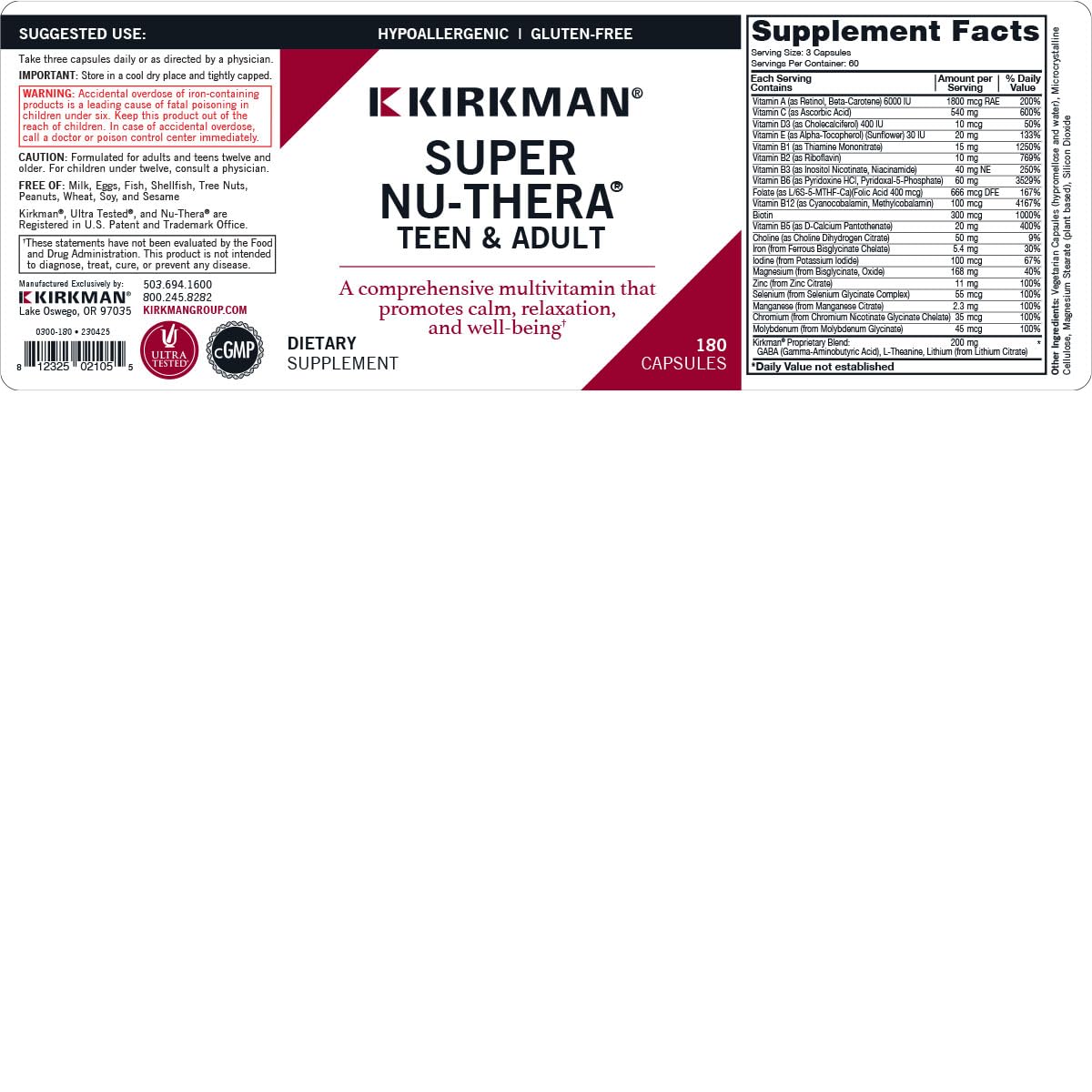 Kirkman Super Nu-Thera capsules closeup showing plant-based shells.