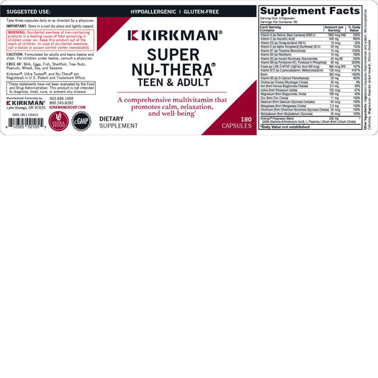 Kirkman Super Nu-Thera capsules closeup showing plant-based shells.