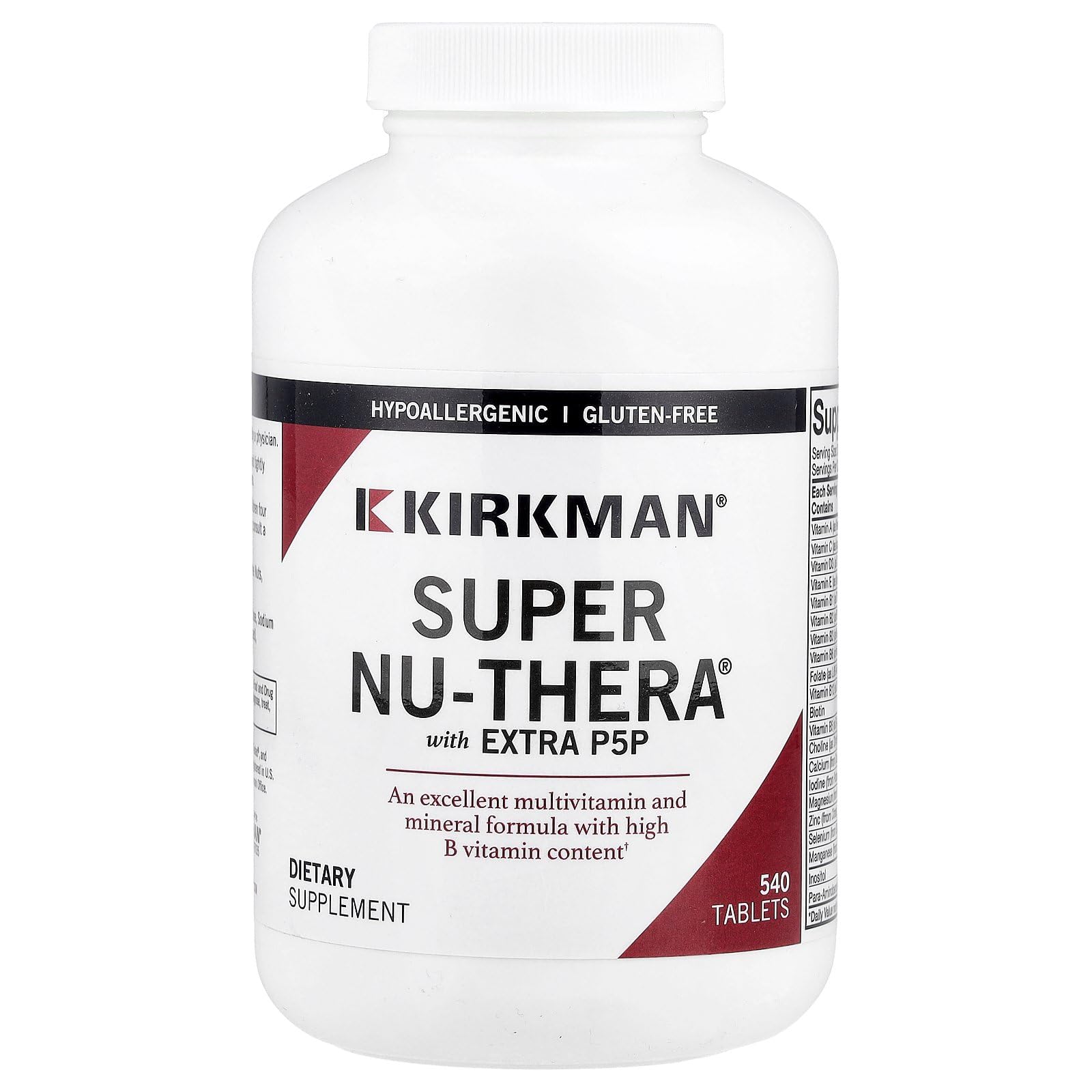 Kirkman Super Nu-Thera bottle shown for daily supportive use in allergy-friendly routine.