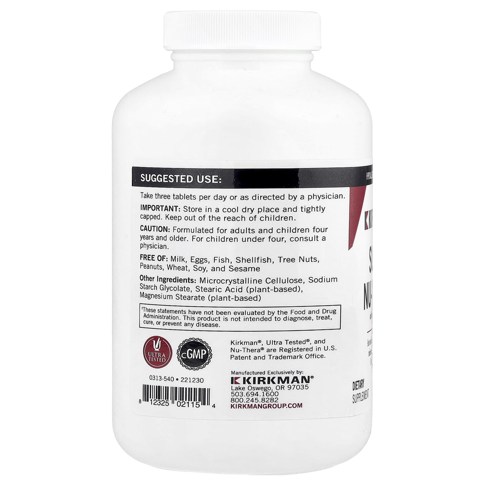 Kirkman Super Nu-Thera label highlights B vitamins and L-5-MTHF for informed daily use.