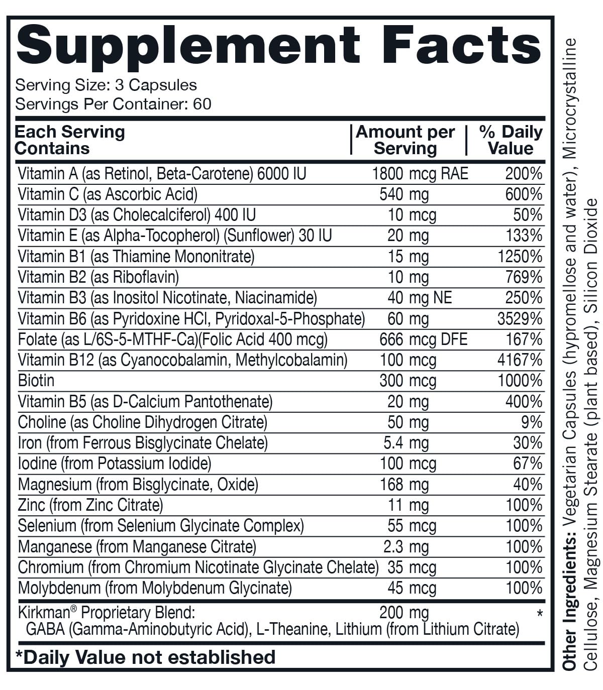 Kirkman Nu-Thera label highlights gluten-free and casein-free features.