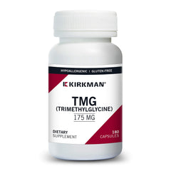 Kirkman TMG 175 mg bottle close-up in natural light, showing a hypoallergenic, plant-based supplement.