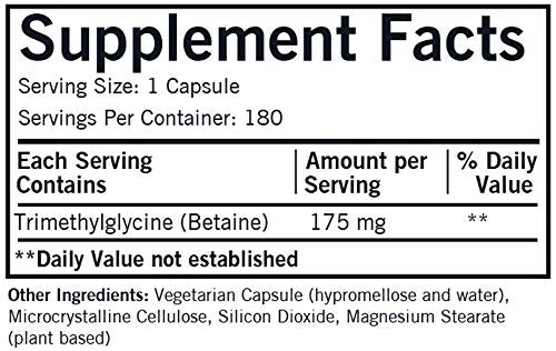 Kirkman TMG 175 mg capsules, front-view, highlighting gluten-free and casein-free formulation.