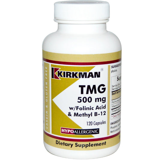 Kirkman TMG 500 mg bottle front view, hypoallergenic formula for daily support.