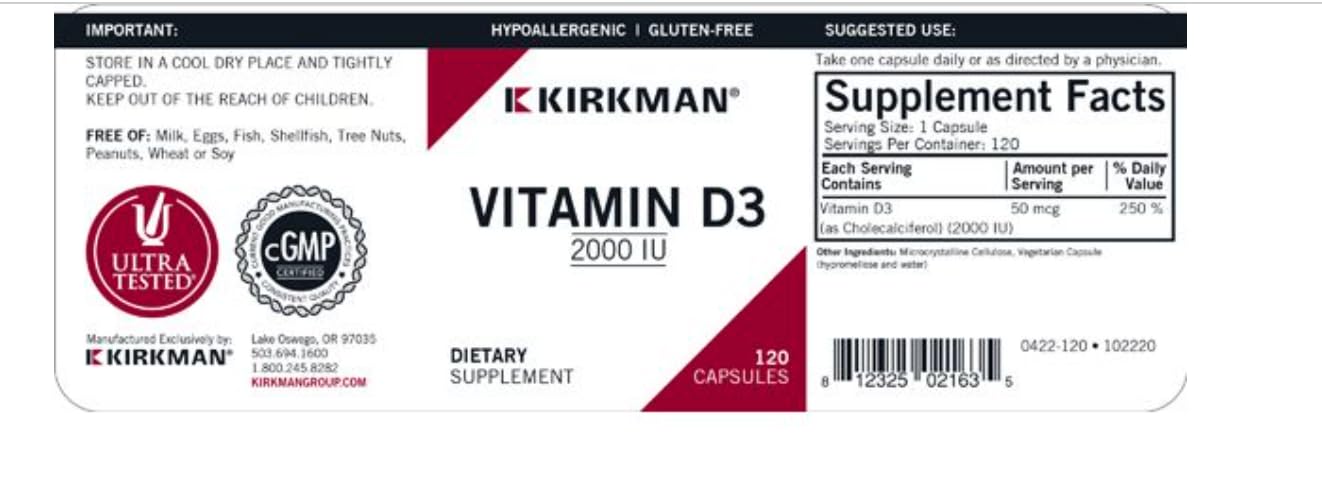 Kirkman Vitamin D-3 2000 IU capsules in jar ready for daily use