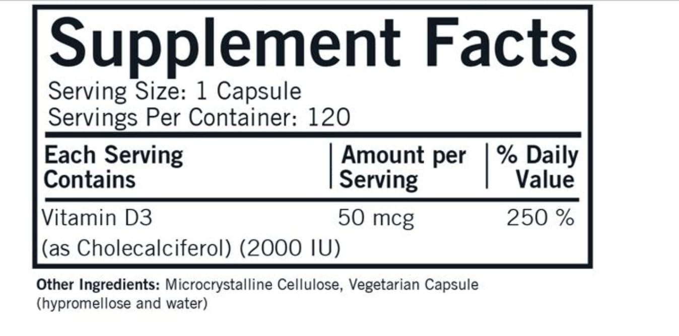 Kirkman Vitamin D-3 2000 IU label close-up showing potency and hypoallergenic formula