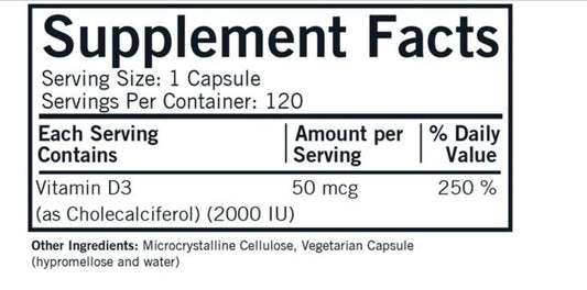 Kirkman Vitamin D-3 2000 IU label close-up showing potency and hypoallergenic formula