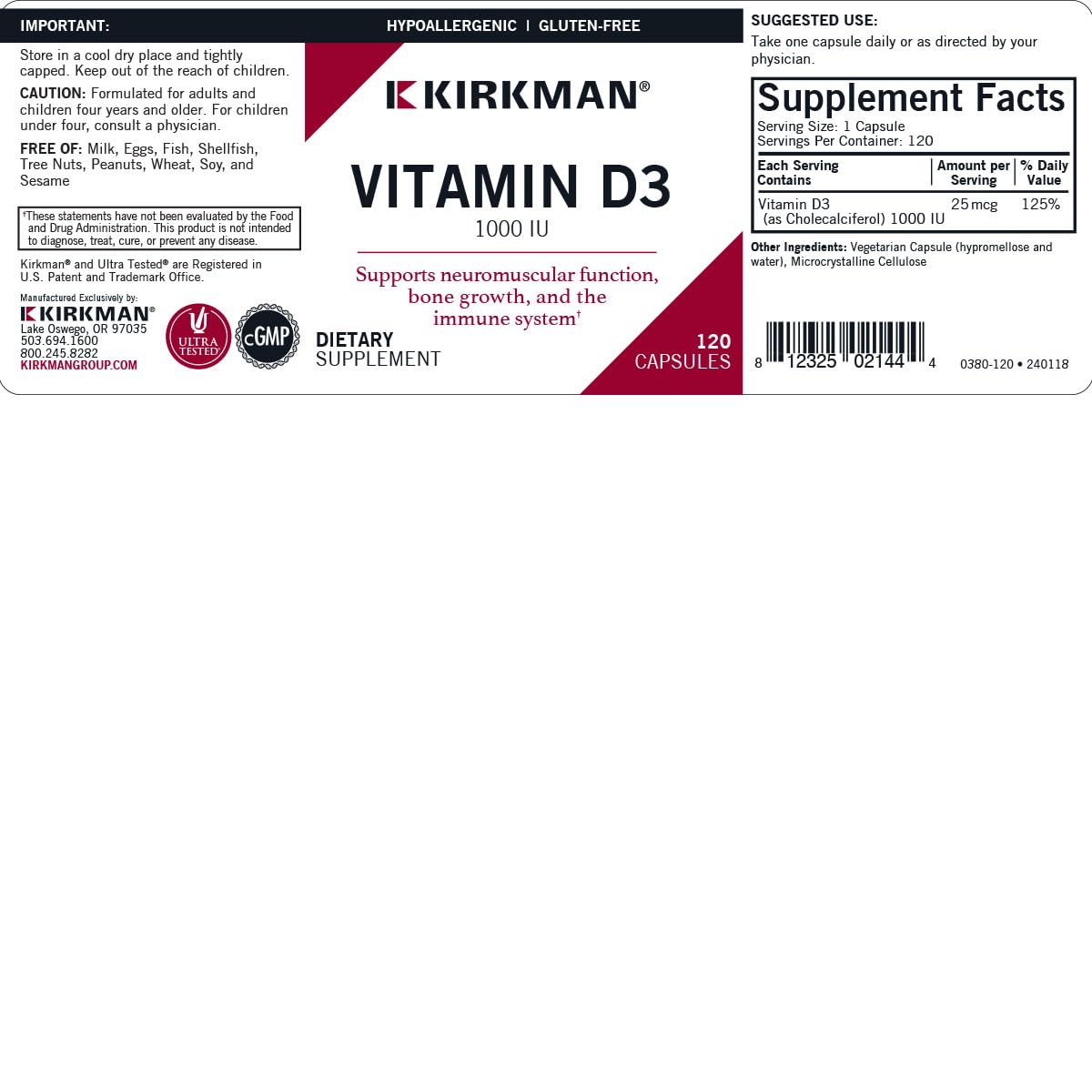 Kirkman Vitamin D-3 1000 IU label highlighting hypoallergenic formula.
