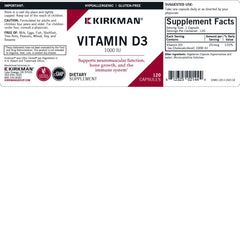 Kirkman Vitamin D-3 1000 IU label highlighting hypoallergenic formula.
