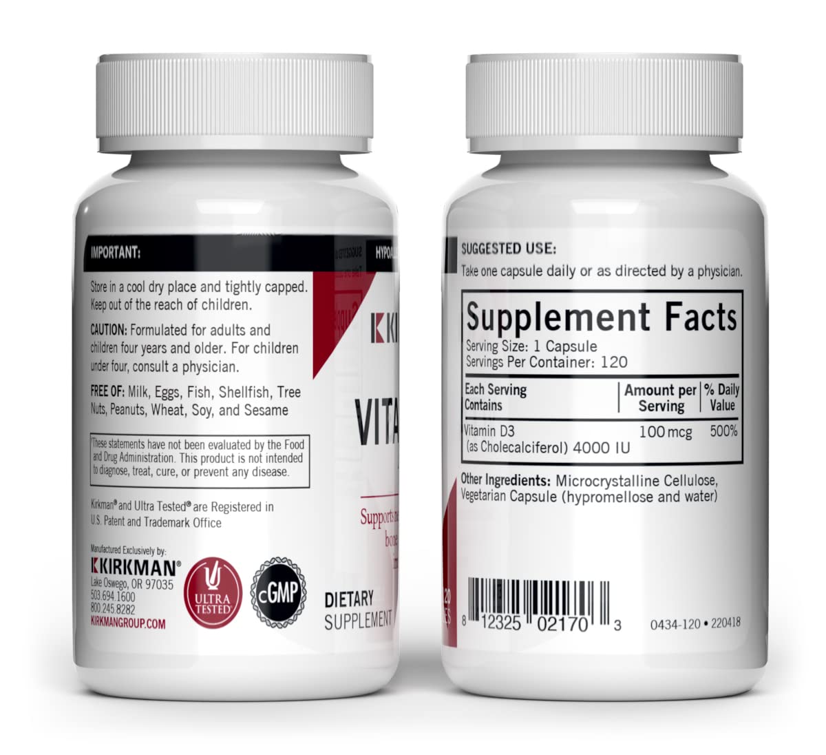 Kirkman Vitamin D3 4000 IU capsules close-up emphasizing high potency.