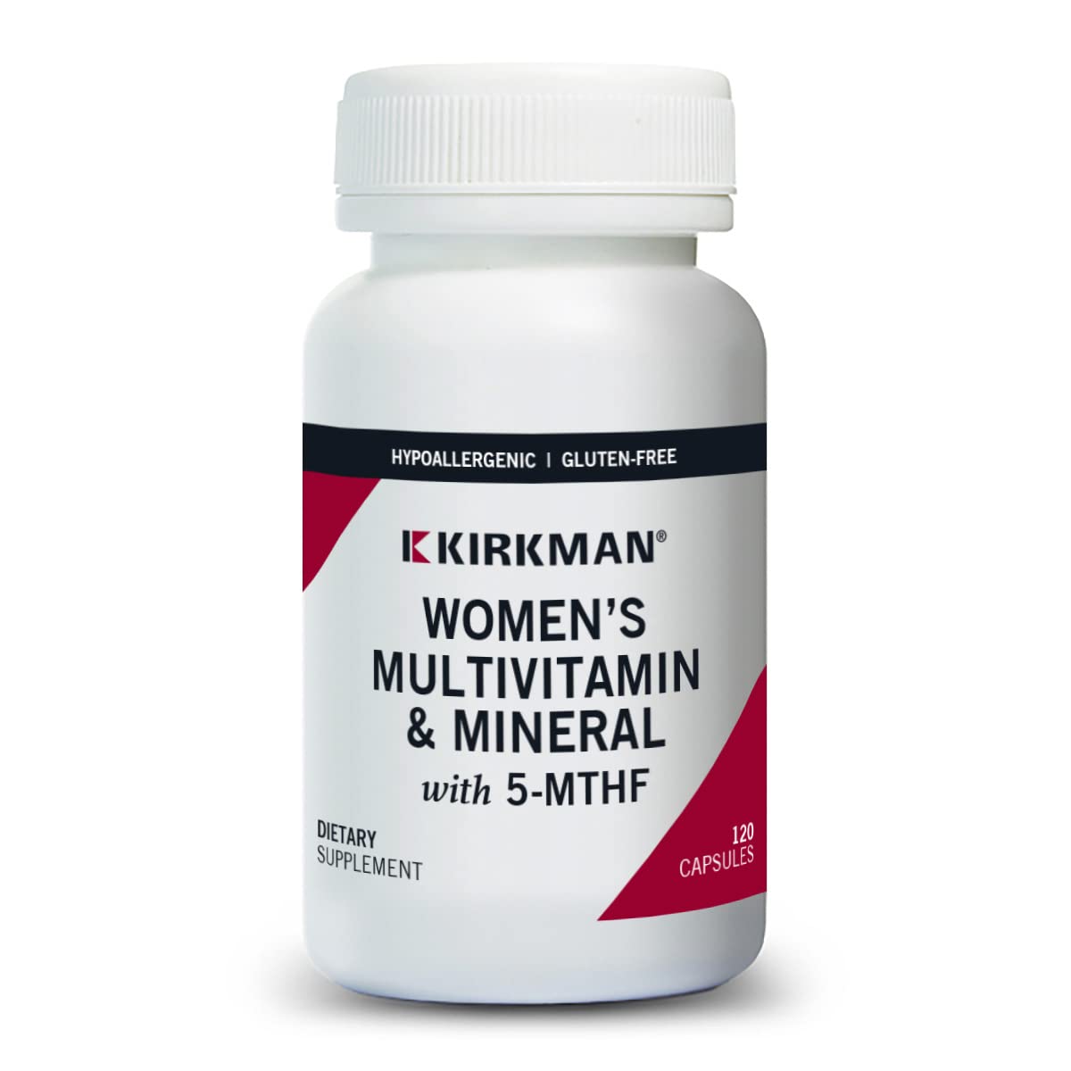 Kirkman Women's Multivitamin bottle shown for daily wellness with 5-MTHF