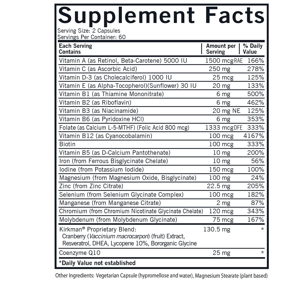 Kirkman Women's Multivitamin capsules close-up highlighting plant-based, gluten-free formula