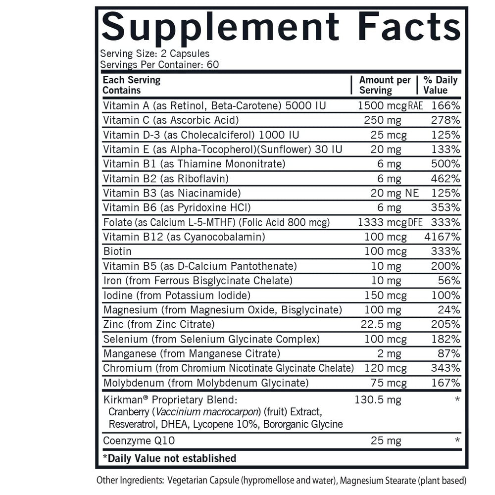 Kirkman Women's Multivitamin capsules close-up highlighting plant-based, gluten-free formula