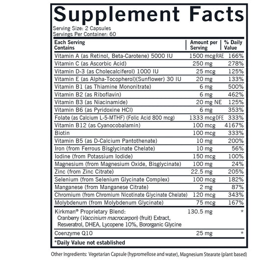 Kirkman Women's Multivitamin capsules close-up highlighting plant-based, gluten-free formula