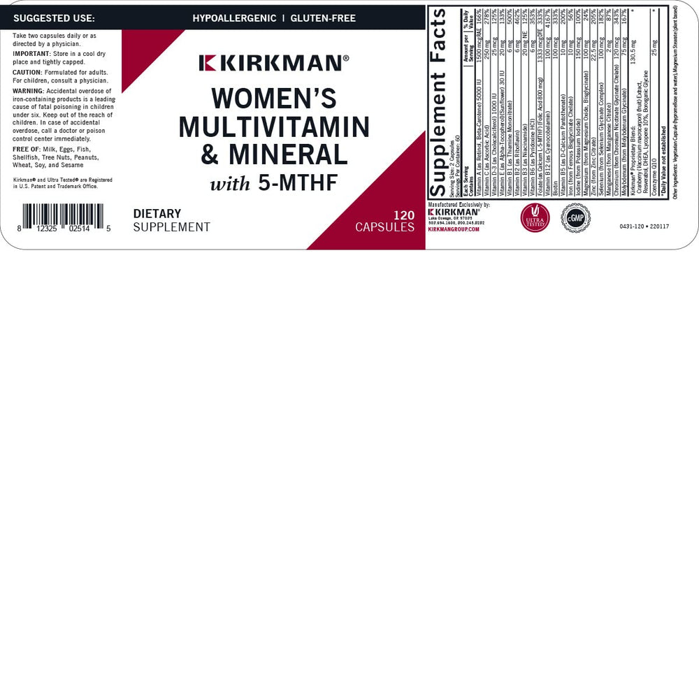 Kirkman Women's Multivitamin label on bottle highlighting 5-MTHF folate support