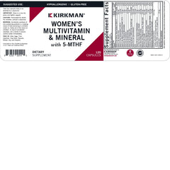 Kirkman Women's Multivitamin label on bottle highlighting 5-MTHF folate support