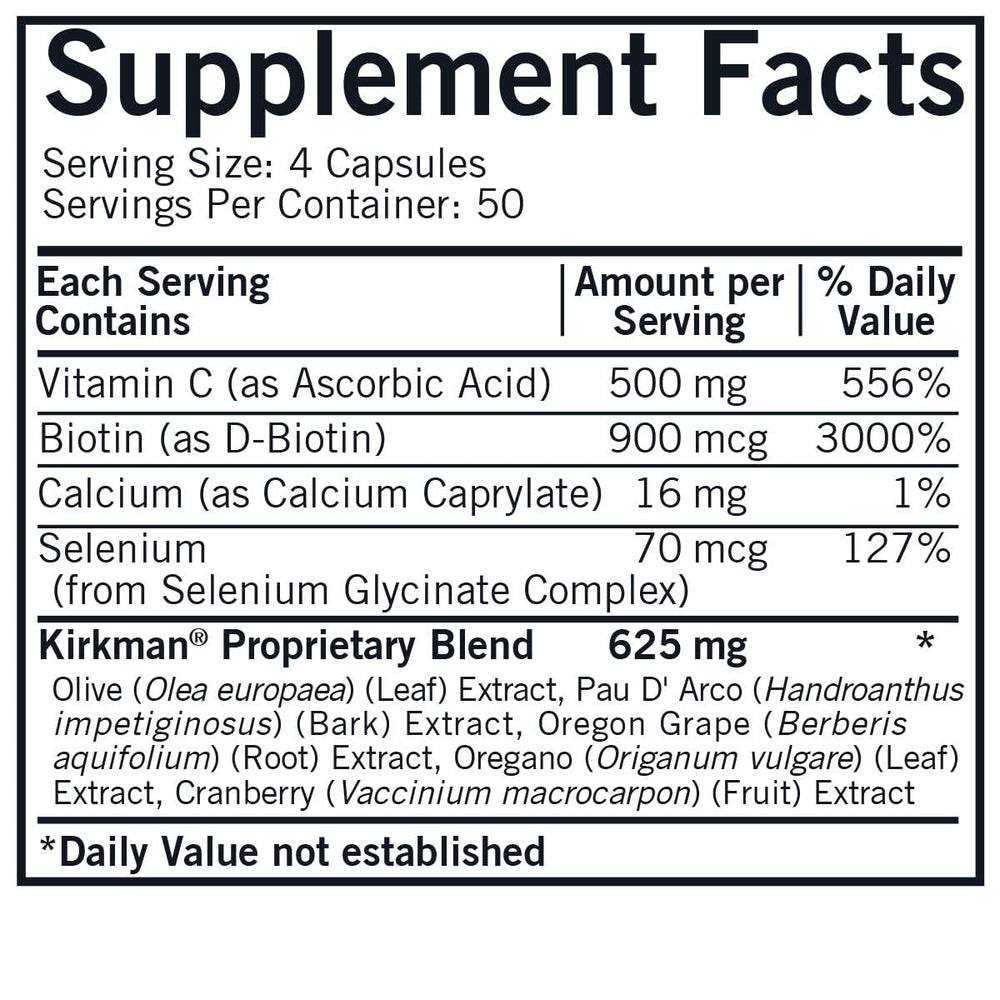 Close-up of Kirkman Yeast Aid Advanced capsules, highlighting hypoallergenic formulation for easy daily dosing.