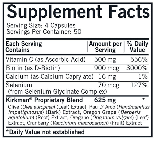 Close-up of Kirkman Yeast Aid Advanced capsules, highlighting hypoallergenic formulation for easy daily dosing.