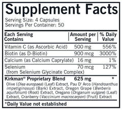 Close-up of Kirkman Yeast Aid Advanced capsules, highlighting hypoallergenic formulation for easy daily dosing.