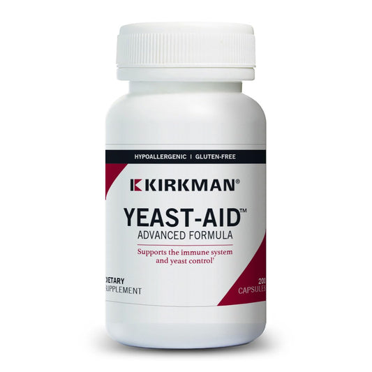 Kirkman Yeast Aid Advanced Formula bottle with capsules supports immune balance and daily wellness.