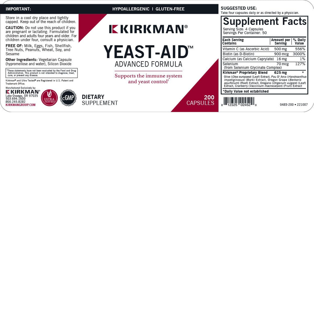 Label close-up of Kirkman Yeast Aid Advanced Formula showing key ingredients.