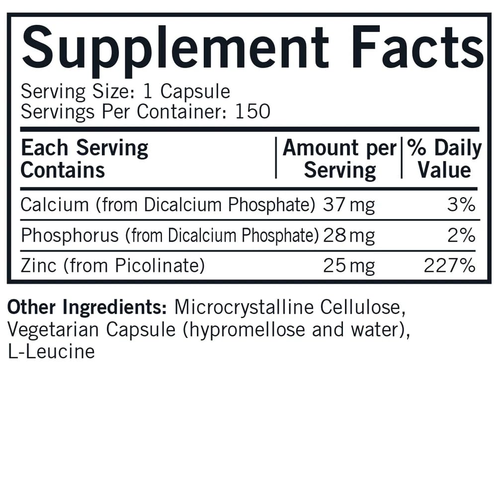 Kirkman Zinc Picolinate 25 mg bottle back shows allergy-friendly supplement details
