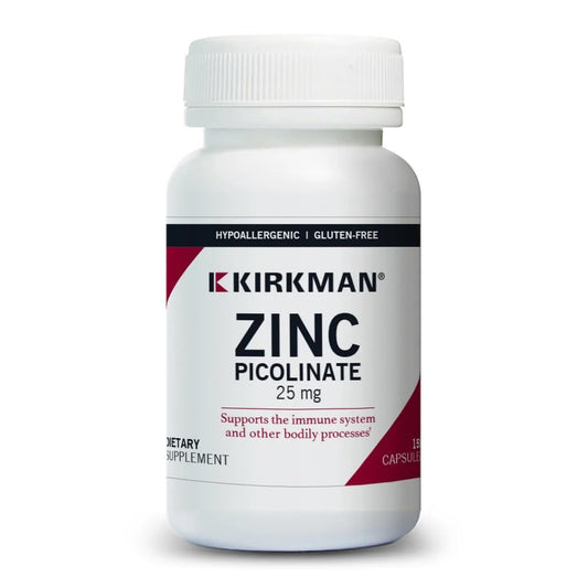Kirkman Zinc Picolinate 25 mg bottle front view highlighting hypoallergenic formula