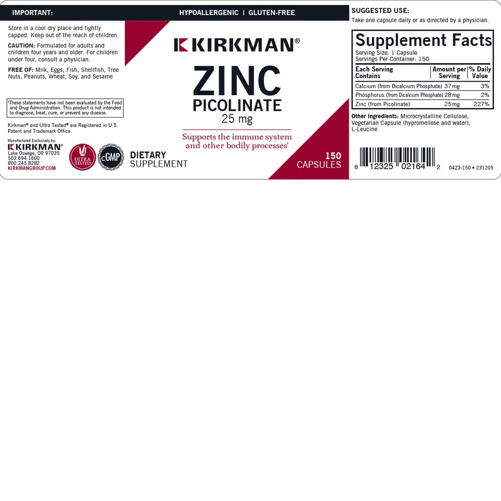 Kirkman Zinc Picolinate 25 mg capsules closeup emphasizes vegetarian capsules