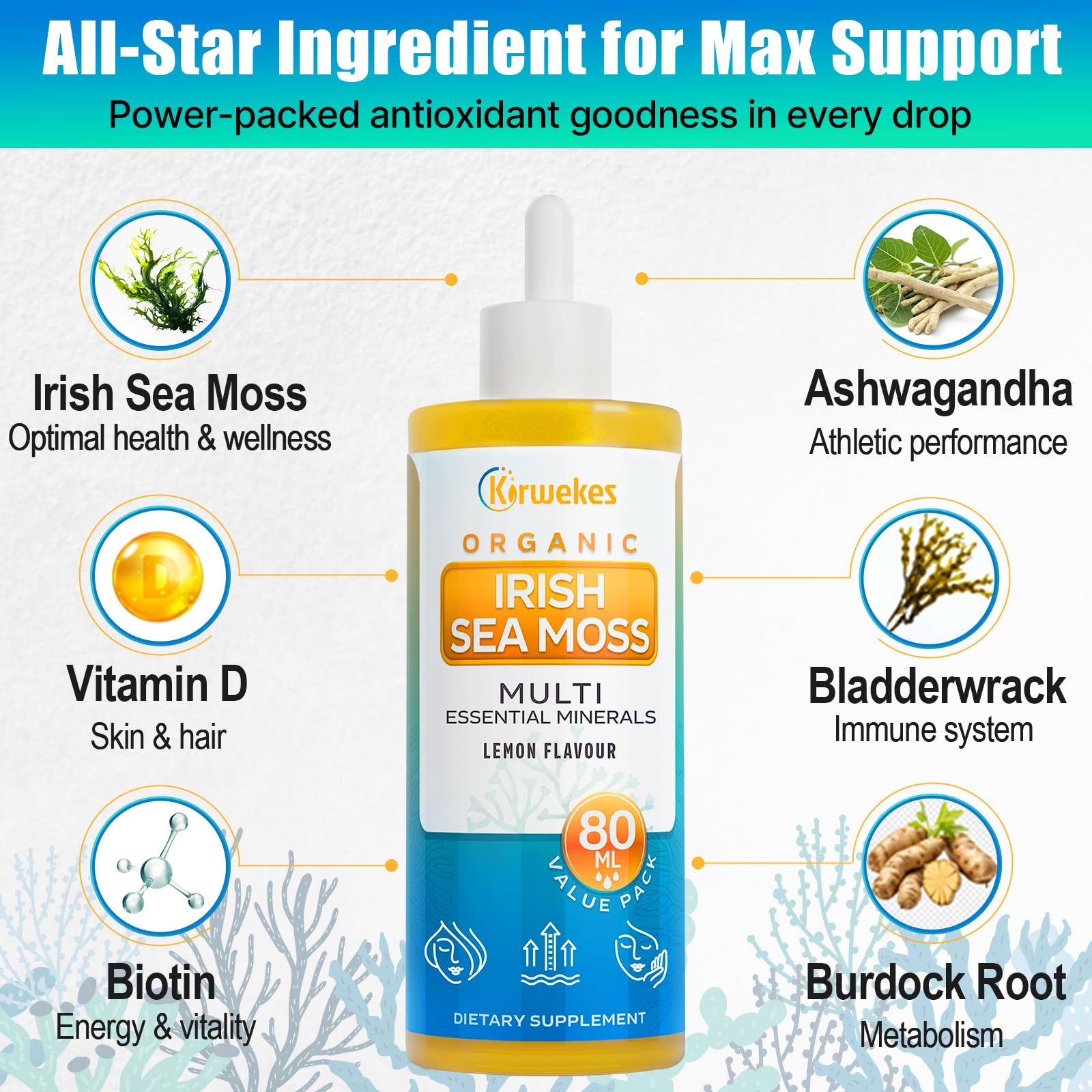 Kirwekes Sea Moss Drops ashwagandha blend for calm focus.